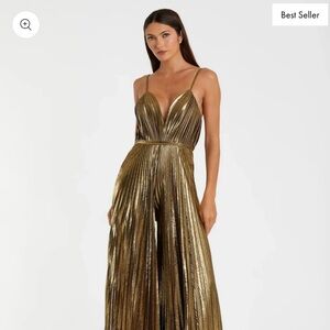 Gold Metallic Pleated V Neck Jumpsuit NWT